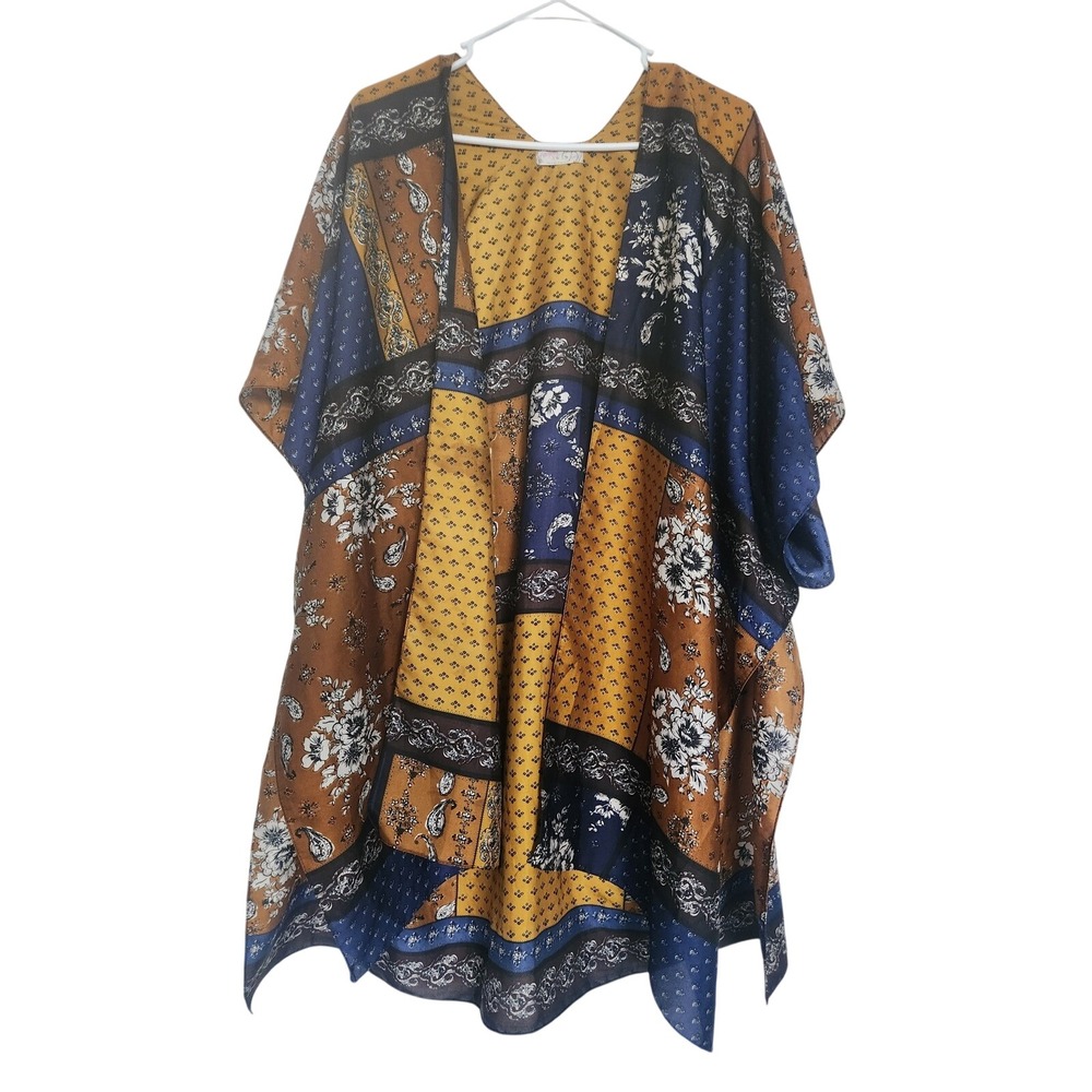 Free People Mixed Print Kimono Kaftan OSZ Mustard Yellow Navy Blue Floral Boho